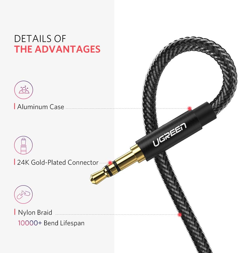 UGREEN Headphone Extension Cable, 3.5mm Audio Male to Female Stereo Extension Adapter Nylon Braided Cord Compatible for iPhone, iPad, Smartphones, Headphones, Tablets, Media Players, Gold-Plated 3FT: Electronics