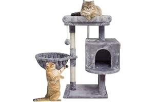 SYANDLVY 29.53" Cat Tree for Indoor Cats, Activity Cat Tower with Scratching Post for Kittens, Climbing Stand with Basket & Condo for Play Rest (Grey)