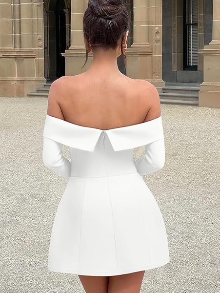 XXTAXN WOMEN’S FORMAL SEXY OFF THE SHOULDER LONG SLEEVE COCKTAIL BACK ZIPPER MINI DRESS WITH POCKET WHITE