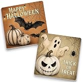 YBTHKON Happy Halloween Trick or Treat Spooky Ceramic Coasters Set of 2 | Funny Fall Halloween Ghost Pumpkin Drink Coasters for Home Kitchen Office Desk, Halloween Birthday Gifts for Coworker Friend