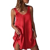 Ekouaer Women's Sleeveless V Neck Satin Nightgown Red Small