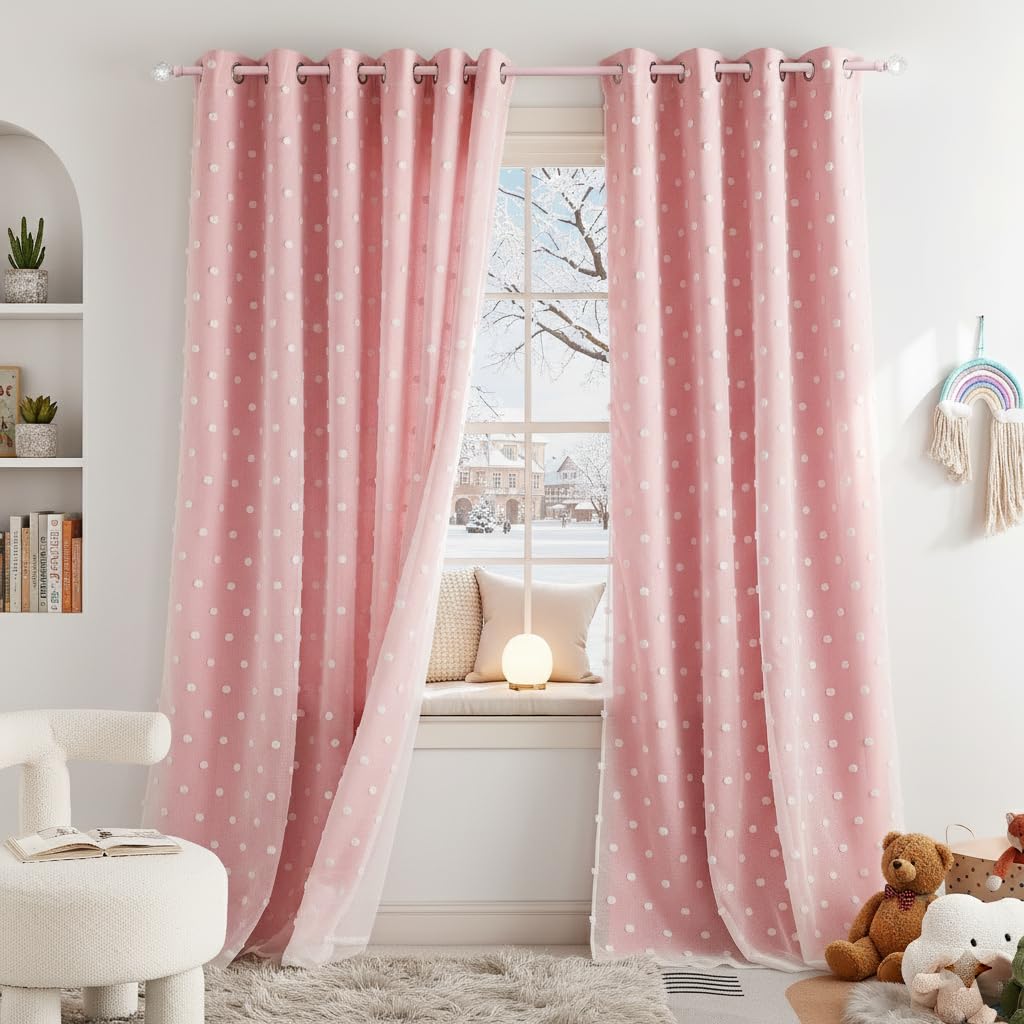 PONY DANCE Pink Curtains for Living Room 108 Inches Long, Thermal Insulated Room Darkening Curtains with Pom Pom Sheer, Double Layer Curtain for Girls' Bedroom, 52W x 108L, Blush Pink, 2 Panels Image