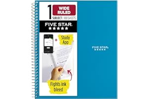 Five Star Spiral Notebook + Study App, 1 Subject, Wide Ruled Paper, 8" x 10-1/2", 100 Sheets, Fights Ink Bleed, Water Resistant Cover, Tidewater Blue (72875)