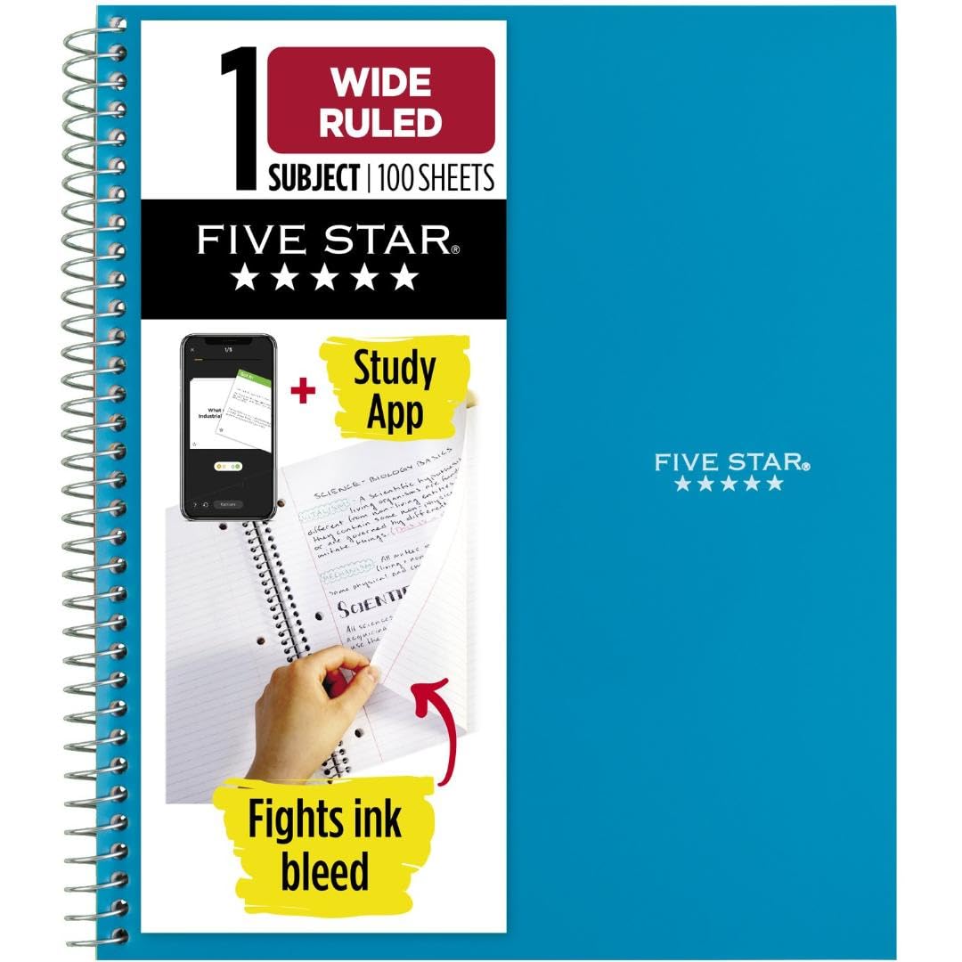 Photo 1 of Five Star Spiral Notebook + Study App, 1 Subject, Wide Ruled Paper, 8" x 10-1/2", 100 Sheets, Fights Ink Bleed, Water Resistant Cover, Tidewater Blue (72875)