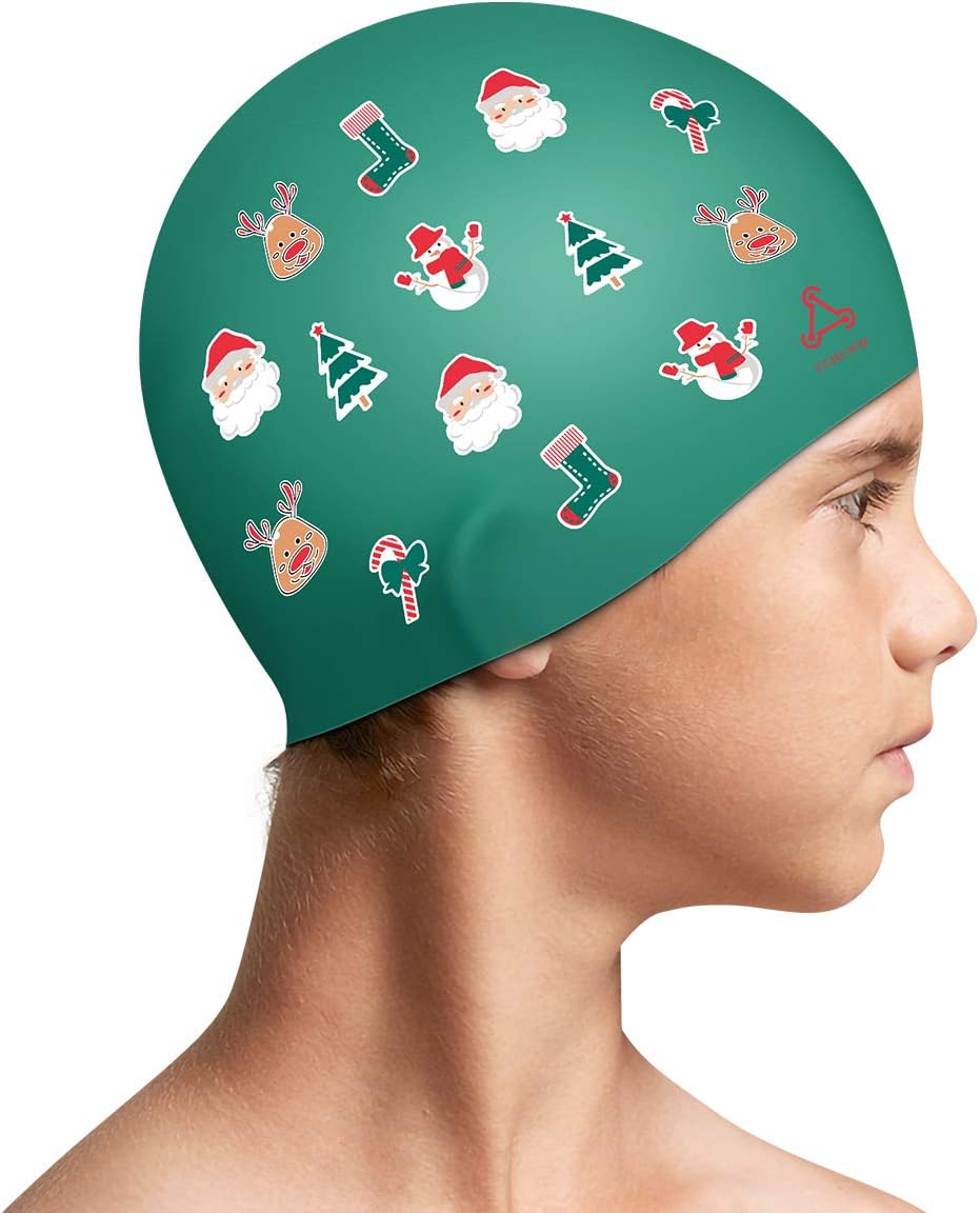 Funown Christmas Kids Swim Caps for Kids, Children, Boys and Girls Aged 2-8, Baby Waterproof Bathing Caps for Long and Short Hair, Best Christmas for Kids