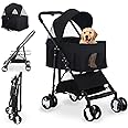 Dog Stroller 3-in-1 Folding Dog Stroller for Medium Small Dogs Pet Stroller Cat Stroller 4 Wheels with Detachable Carrier Storage Basket Waterproof Lightweight for Travel,Black