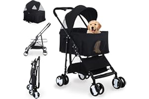 NCHANMAR Dog Stroller 3-in-1 Folding Dog Stroller for Medium Small Dogs Pet Stroller Cat Stroller 4 Wheels with Detachable Carrier Storage Basket Waterproof Lightweight for Travel,Black