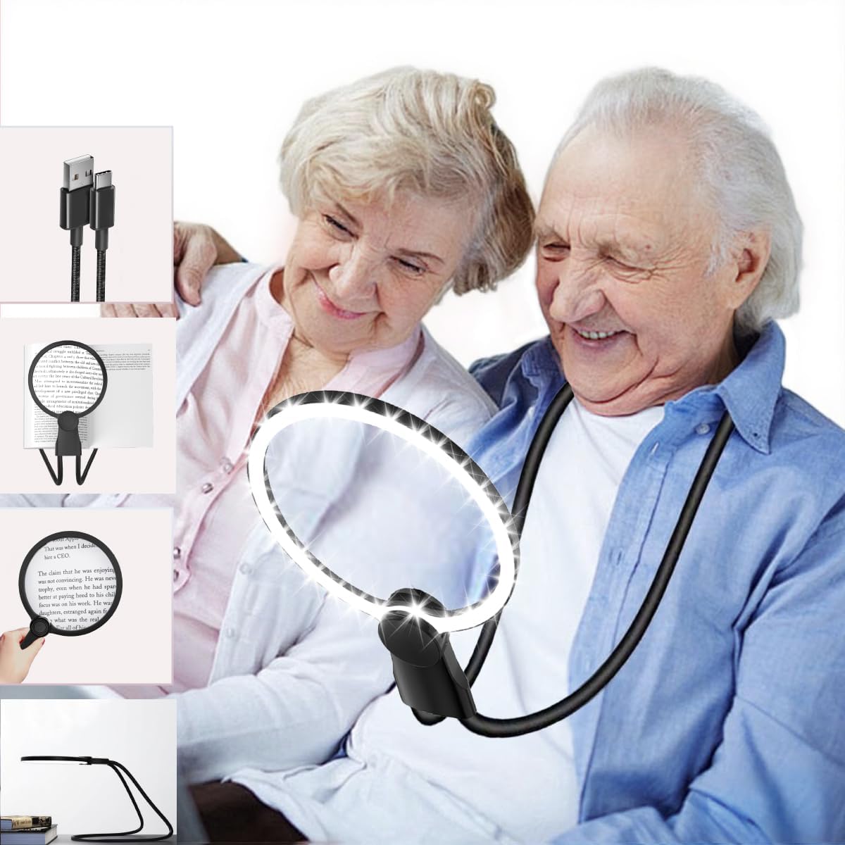 Photo 1 of 6X Hands-Free Magnifying Glass & Goose Neck Magnifier with Light | Neck-Worn Rechargeable for Reading, Crafts, Cross Stitch | Large View for Low Vision Seniors & Close Work