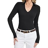 BAISHENGGT Womens Polo Shirts Long Sleeve Business Casual Basic Tops V Neck Ribbed Knit Sweater Slim Fitted Work Blouses