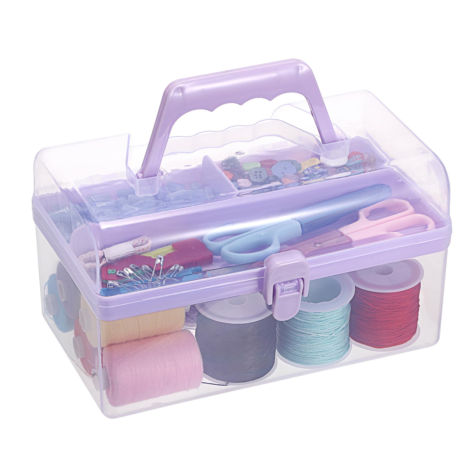 SUMTree Rectangle Plastic Craft Storage Boxes with Lids for Art Supplies, Multipurpose Plastic Art and Craft Supply Storage Container Bin Case with Removable Tray, Transparent Purple