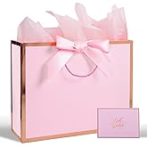 Plauthus Pink Gift Bag with Ribbon, 13" Large Gift Bag with Handle, Greeting Card & 2 Tissue Paper（Rose Gold Foil Frame） for Girls, Women, Birthdays, Bridal Showers, Engagements, Any Occasion