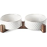 Dog Bowls Ceramic for Small Medium Dogs - 3-Cup Dual Food & Water Bowl Set with Acacia Wood Stand, Non-Slip Anti-Tip Elevated Design