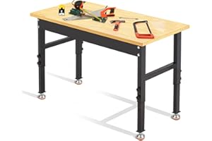 Antifir 48" Adjustable Workbench,Heavy Duty Workstation with Rubber Wood Top, 2000 LBS Load Capacity Hardwood Garage Worktable for Garage,Office,Workshop,Home, Easy Assembly