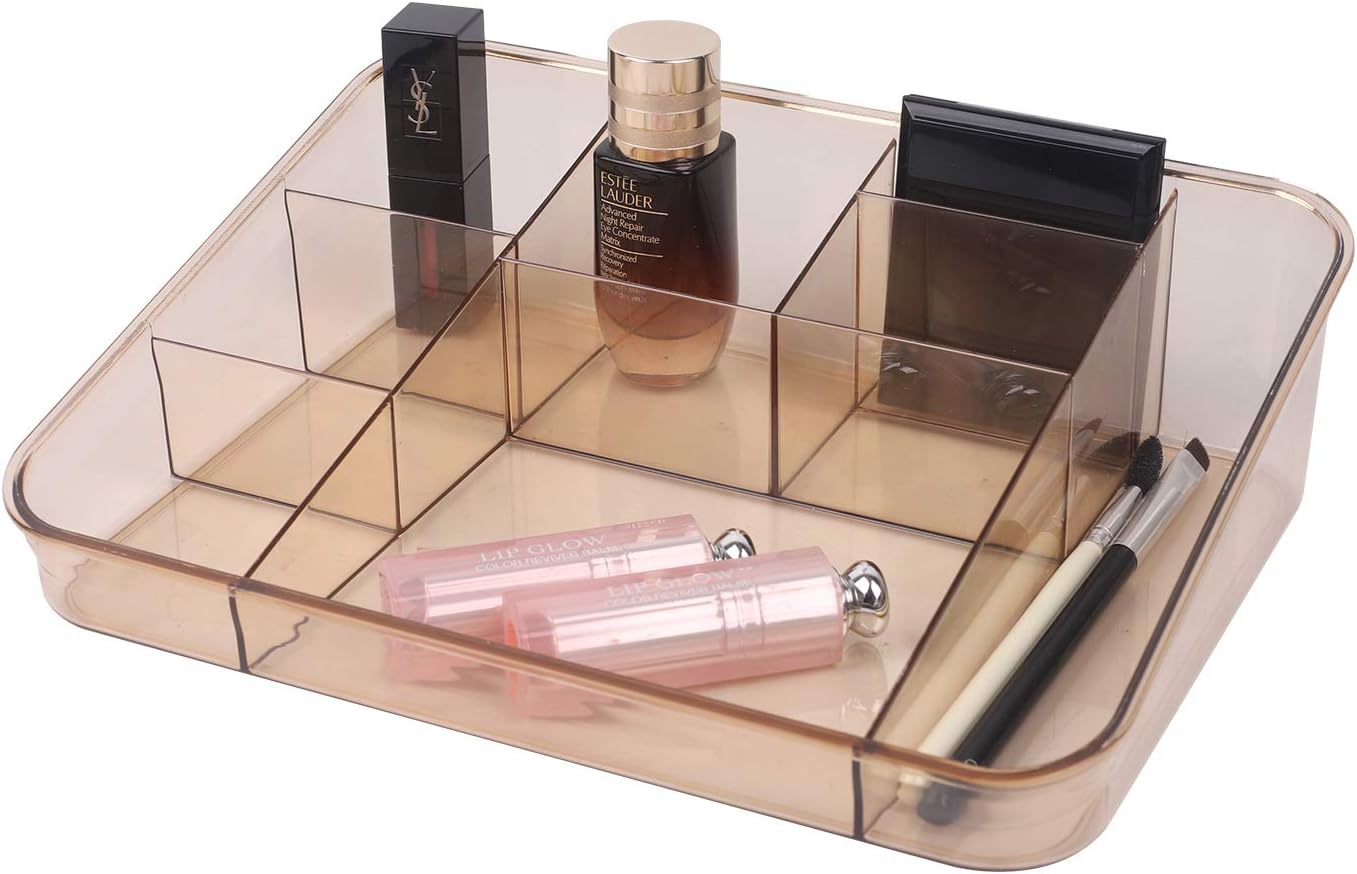 SUNFICON Makeup Organizer Tray Cosmetic Display Case Office Stationery Storage Holder Makeup Box Units for Bathroom Drawers,Vanities,Countertops, Office Desk,Washable Crystal Brown Acrylic