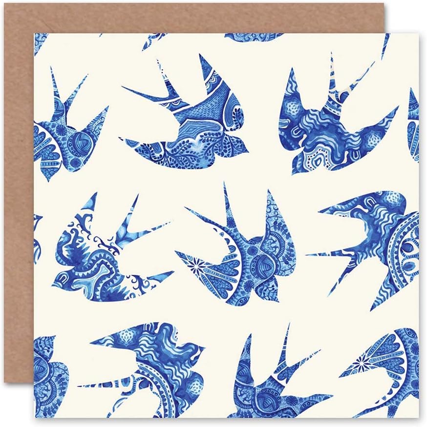 Wee Blue Coo Birds Swallows China Pattern Blue Birthday Art Sealed Greeting Card Plus Envelope Blank inside