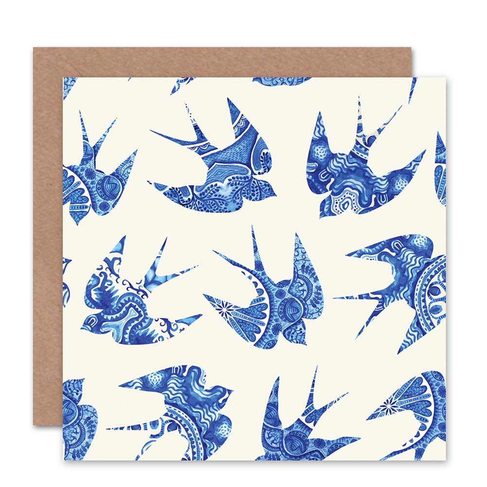 Wee Blue Coo Birds Swallows China Pattern Blue Birthday Art Sealed Greeting Card Plus Envelope Blank inside