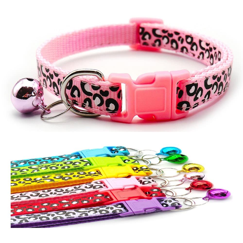 Small Dog Puppy Pet Collar Leopard Animal Print Design with Bell Nylon Adjustable Size 19-32cm Pink