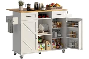 knoworld 51.5'' Rolling Kitchen Island with Storage Cabinet & Drawers, Drop Leaf Kitchen Cart on Wheels, Farmhouse Portable Mobile Islands, Large Butcher Block Table with Tower/Spice Rack, White