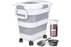 TIOVERY Dog Food Storage Container，10-25 lbs Airtight Collapsible Cat Food Storage Container with Attachable Wheels, Portable Handle, Dog Food Scoop for Dog Cat Bird Pet Dry Food Storage Bin Light Grey