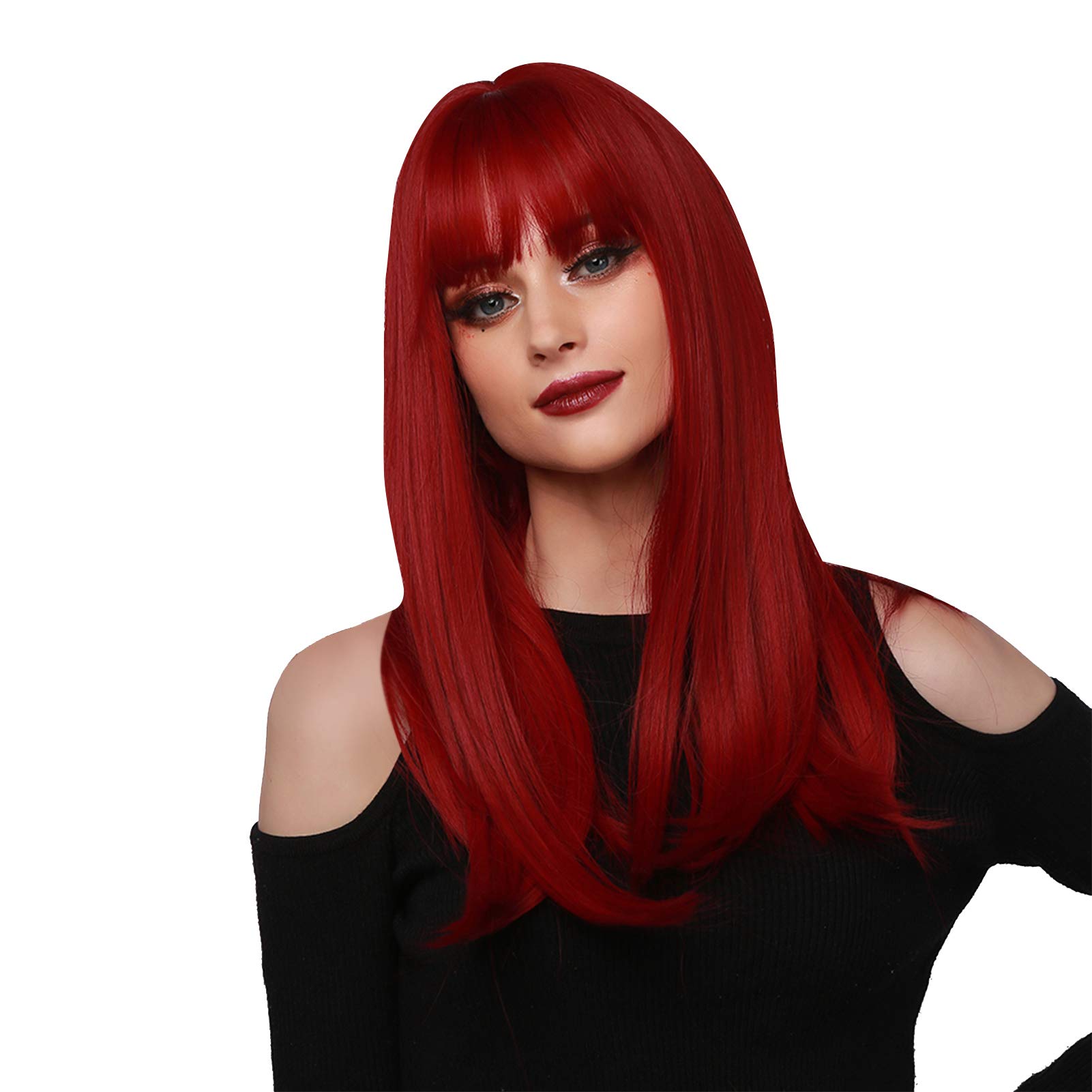 Red Long Straight Women's Wig with Bangs, Natural Synthetic Smooth Bob Party Cosplay Daily Use Anime Wig
