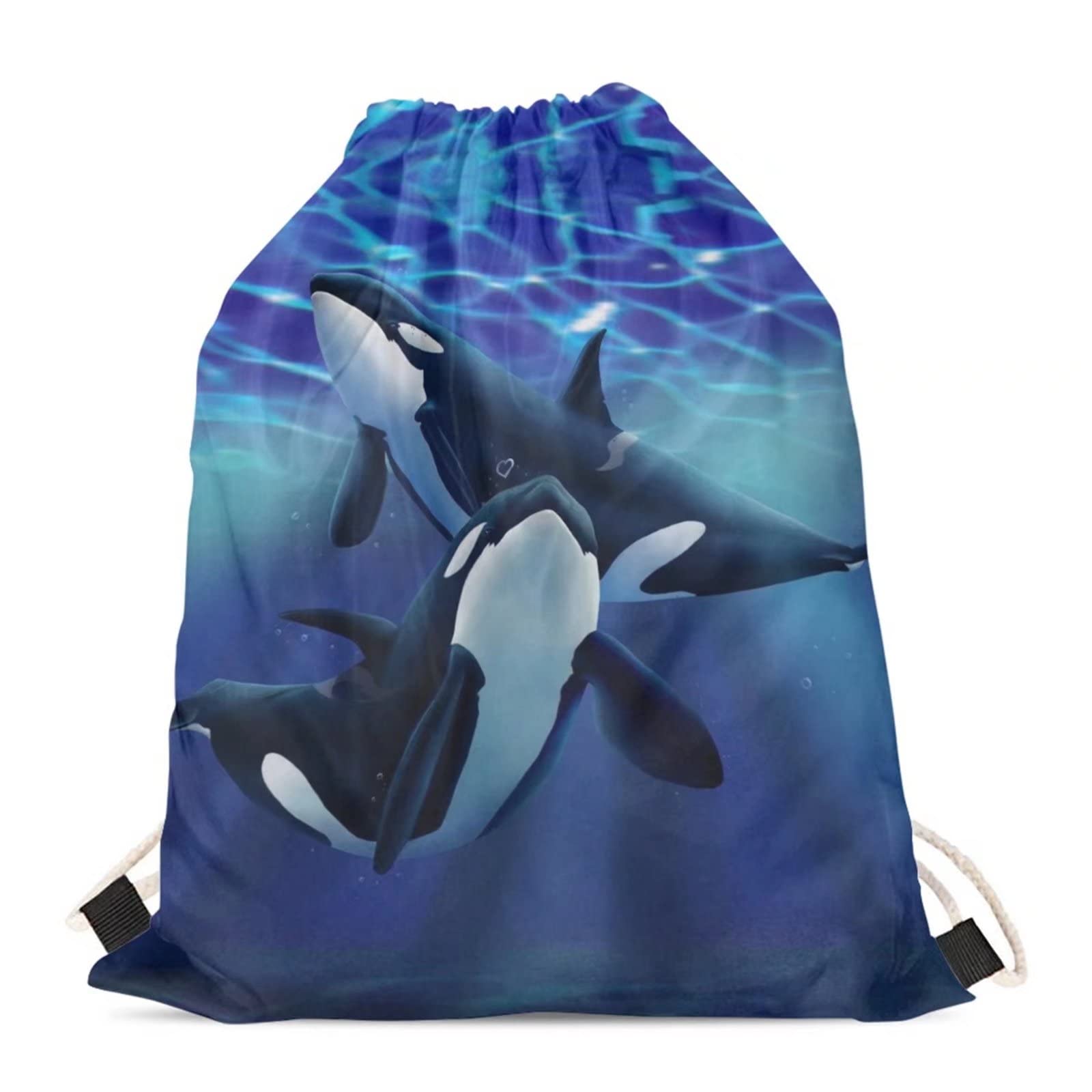 BYCHECAR Killer Whale Gym Swim Drawstring Bag Kids String Backpack for Boys School PE Pouch Children Beach Cinch Storage Heavy Duty Foldable Travel Organizer