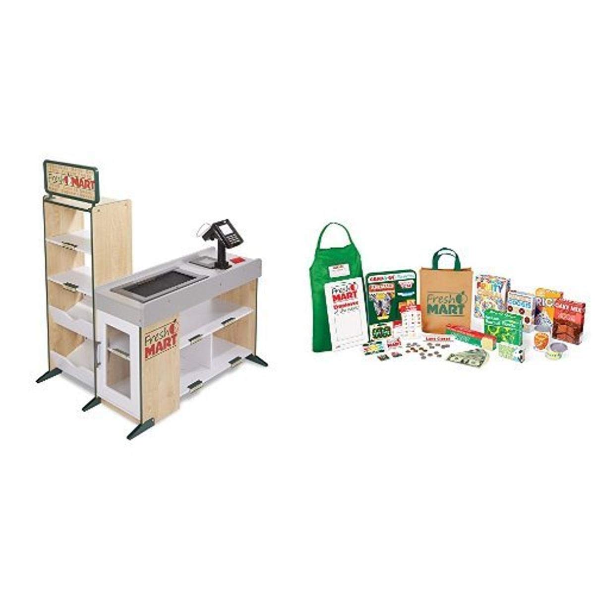 Melissa & Doug Fresh Mart Grocery Store with Scanner & Conveyor Belt + 70-Piece Companion Set with Play Food, Shopping Accessories & Grocery Items