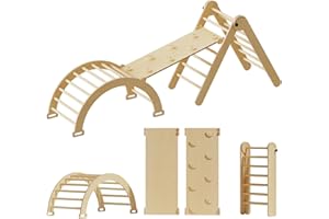 PELNUIES 5 in 1 Pikler Triangle Gym, Montessori Climbing Set with Ramp and Arch, Foldable Climbing Triangle Ladder Toys, Toddler Climbing Toys Indoor Playground, Wooden Jungle Gym for Toddlers, Natural