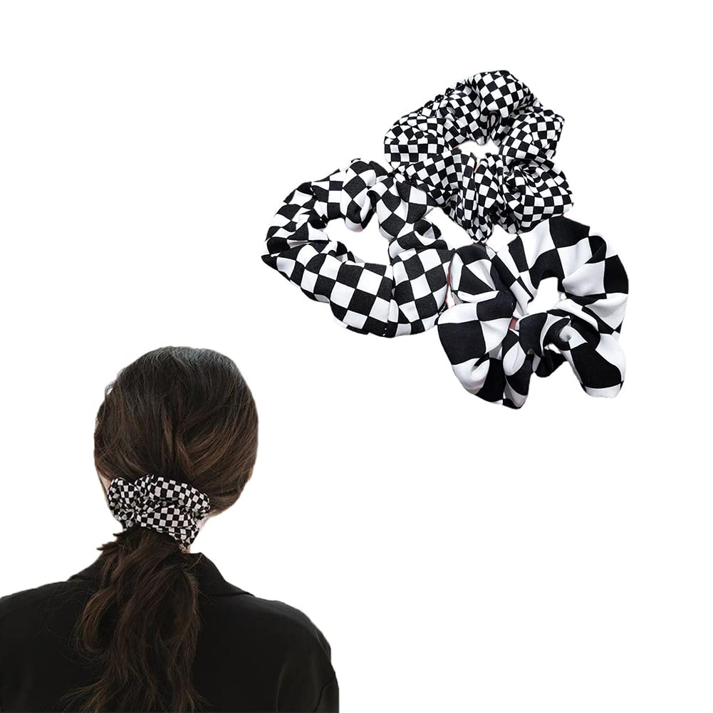 Hair Scrunchies Plaid Hair Ties for Women Black and White Check Ponytail Holder Checkered Hair Bands for Girls Hair Accessories 3 Pcs