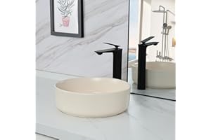 bathivy 14.2" Creamy White Round Vessel Sink with Pop Up Drain, Bathroom Vessel Sink, Bathroom Sink Above Counter, Vessel Sinks for Bathrooms, Porcelain Ceramic Vessel Sink, Small Countertop Sink Bowl