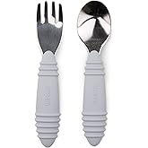 Bumkins Toddler Utensils, Kids Size Fork and Spoon Set, Silicone and Stainless-Steel Training Silverware, Angled Forks / Sporks for Self-Feeding, Children Hold Learning to Eat, 18 Months Up, Gray
