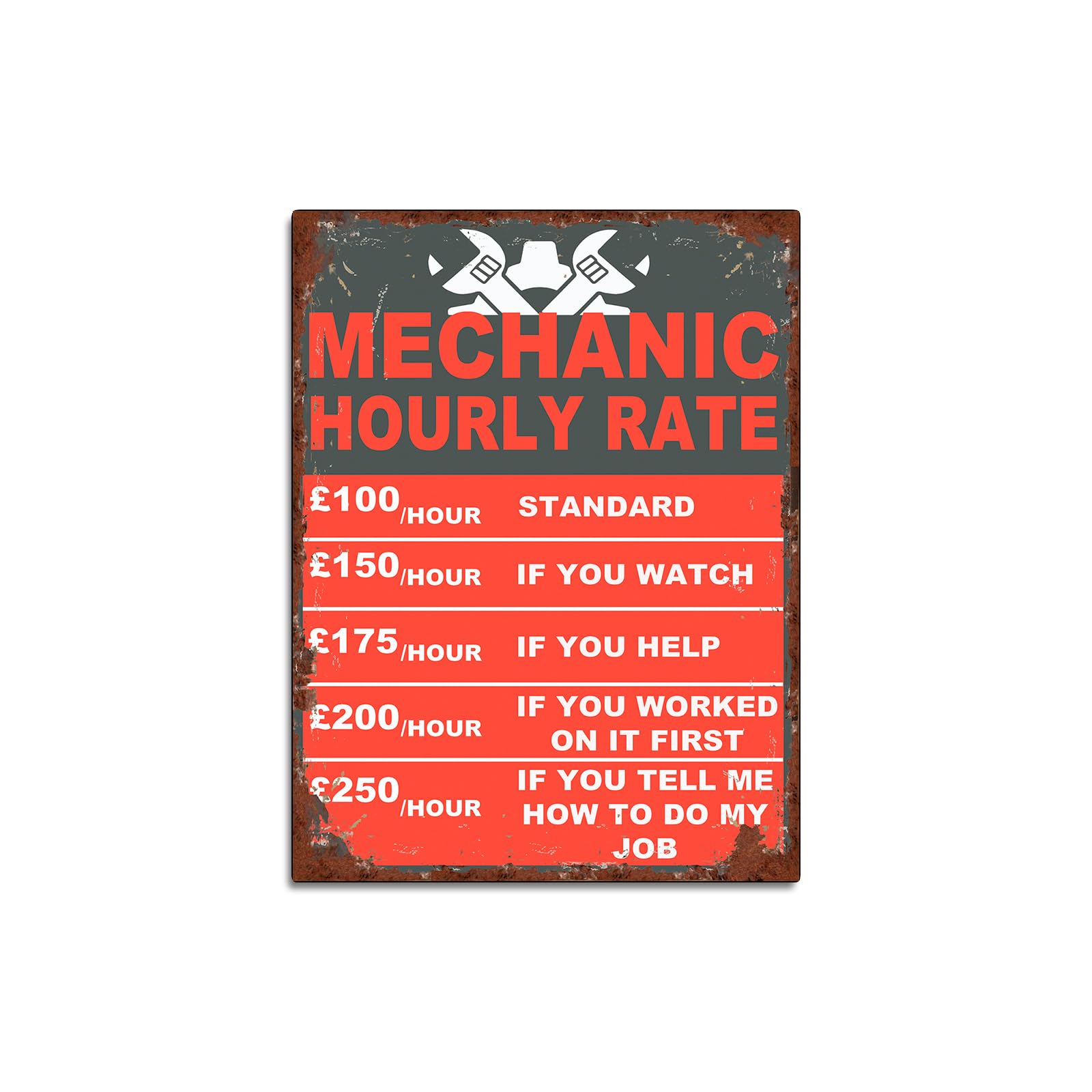 Mechanic Hourly Rate Funny Garage Sign Theme Retro style metal tin sign/plaque (10" x 8")