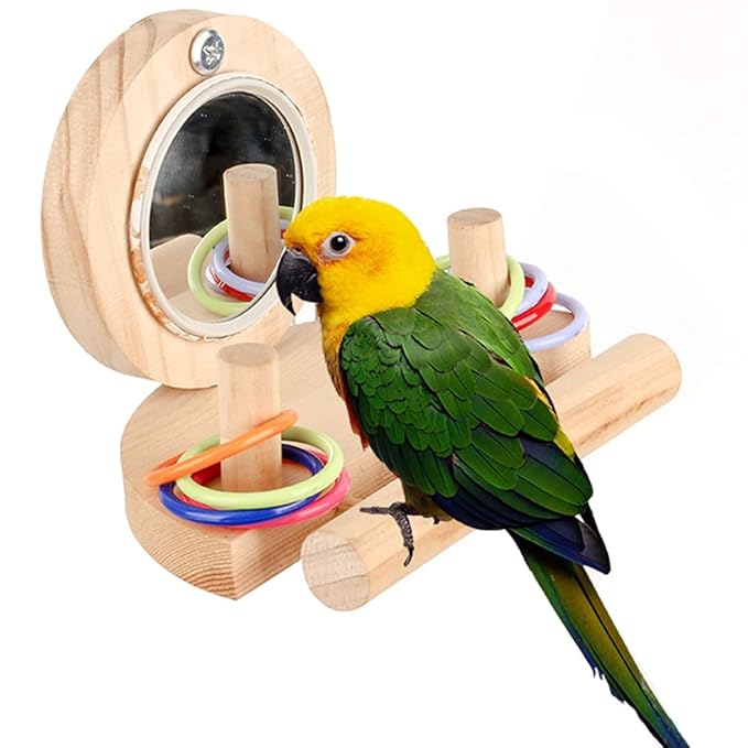 Anjetan Bird Cage Mirror Wooden Colorful Rings Parrot Hanging Toy for