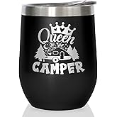 Joyloce Queen of The Camper Wine Tumbler, Camping Gifts Coffee Mug Cup, Camp Wine Glass Stemless Tumblers with Lid Stainless Steel Insulated Vacuum, RV Gifts for Women Camper Travel Outdoors 12 Oz