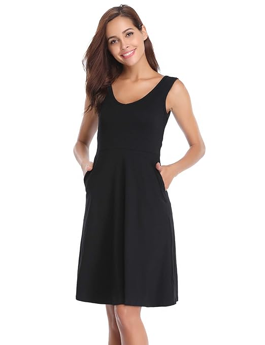 Hawiton Damen Casual Kleid Strandkleid Sommerkleid Kurz A Linie Kleider Freizeitkleid Ärmlos