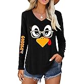 Casual V Neck Shirt for Women Funny Letter Graphic Long Sleeve Tee Holiday Party Family Matching Tops
