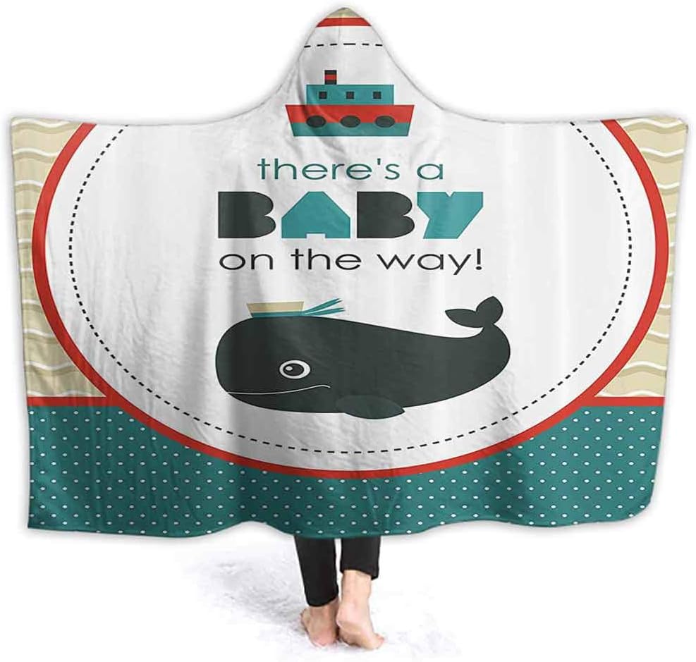 Ahoy Its a Boy Hooded Throw Blanket Adults Size There is a Baby on The Way Cartoon Dolphin Abstract Ocean Waves Circular for Adult, Women, Men 80 x 60 Inch Blue Red White