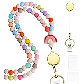 CTOHN Teacher Lanyard With ID Holder, Colorful Wood Beaded Lanyards for Id Badges Keys, Retractable Cute Lanyard for Women