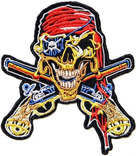 Jolly Roger Pirate Gold Gun Cross Skull Ghost Skeleton Rider Biker Punk Rock Logo Motorcycle Jacket T-shirt Back Patch Sew Iron on Embroidered Sign Badge Costume