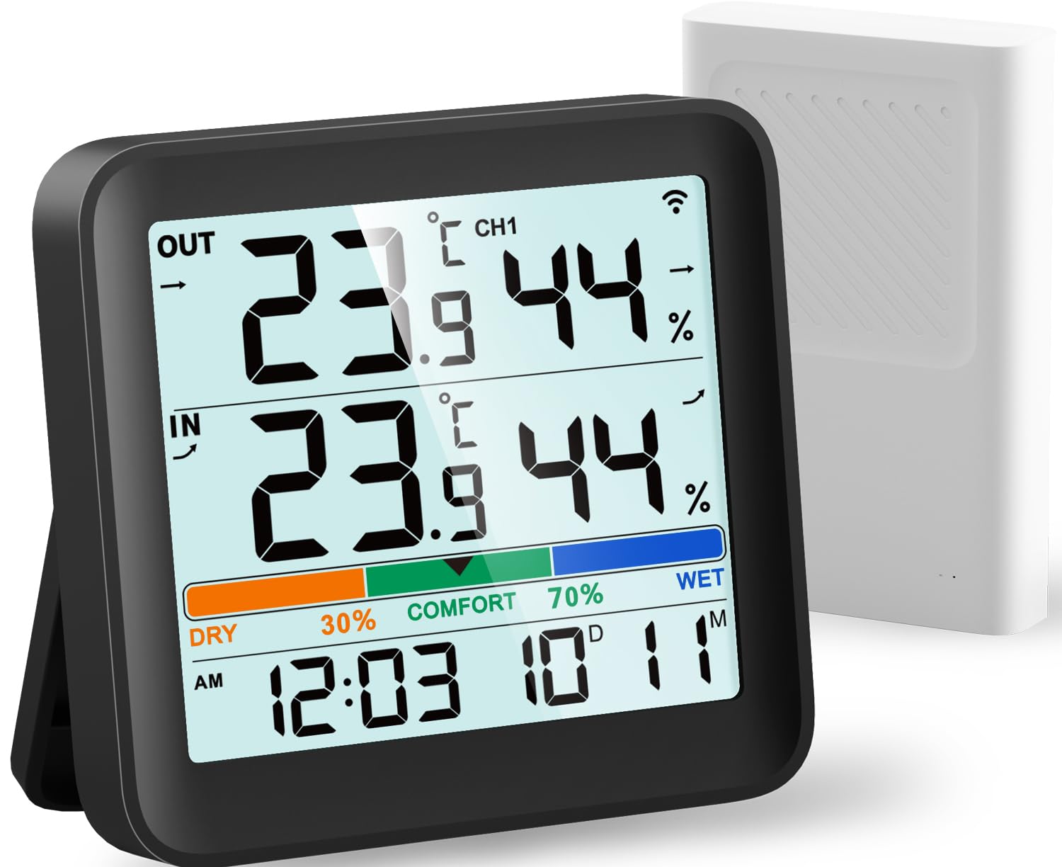 VOCOO Indoor Outdoor Thermometer Hygrometer Humidity Monitor Digital Temperature Gauge Meter Weather Stations with LCD Backlight Clock Date Min/Max Value Display Comfort Indicator,Black