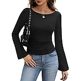 BESTPOEM Womens Long Sleeve Bell Sleeve Cropped Tops Valentine's Day Dressy Casual Boat Neck Ruched Cotton T-Shirts