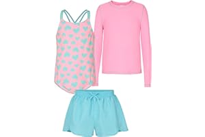 Saint Eve Kids Girls 3-Piece Swimsuit – Long Sleeve Rash Guard, Lined, One-Piece, UPF 50+, Swim Shorts for Pool, Beach, Camp