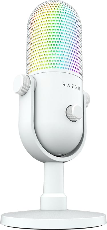 Razer seiren v3 chroma - microfone rgb usb - microfone condensador supercardióide com tap-to-mute (iluminação reativa, limitador de ganho digital e amortecedor integrado) branco
