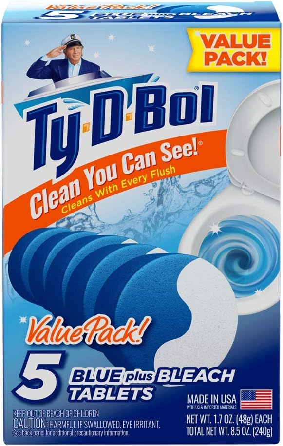 TyDBol Blue Plus Bleach Tablets Value 5 Pack, Cleans and Deodorizer Toilets for a
