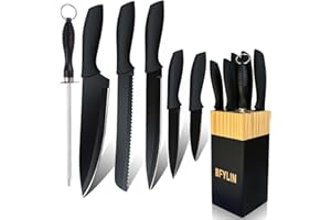 Knife Set, 7-Piece Kitchen Knife Set with Knife Block, High Carbon Stainless Steel Knife Block Set, Ultra Sharp Steel Blade E