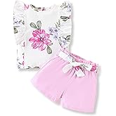 Vitalique 3-8T Toddler Kid Girl Outfits Clothes Ruffle Short Sleeve Floral T-Shirt Top Summer Shorts with Belt