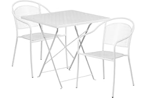 Flash Furniture Oia Commercial Grade 28" Square White Indoor-Outdoor Steel Folding Patio Table Set with 2 Round Back Chairs