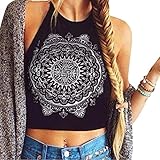 XUANOU Womens Mandala Print Sleeveless Halterneck Tank Crop Tops Vest Blouse T-Shirt (Medium, Black)