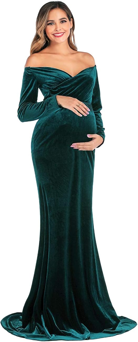 JustVH Velvet Maternity Off Shoulder Half Circle Fitted Gown Maxi Photography Dress for Baby Shower Photo Props Dress at  Women’s Clothing store