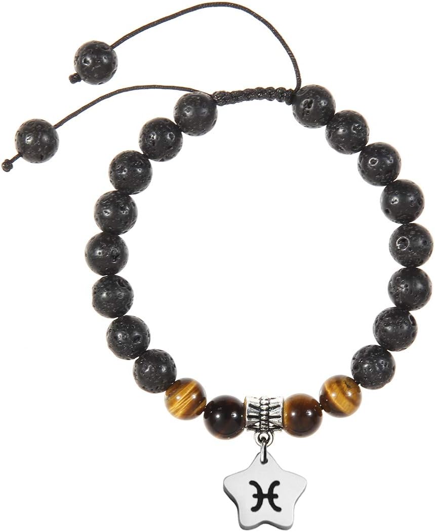 Meibai Handmade 8mm Lava Rock Tiger Eye Natural Stone Beads Bracelet with Constellation Zodiac Sign Charm Adjustable Size