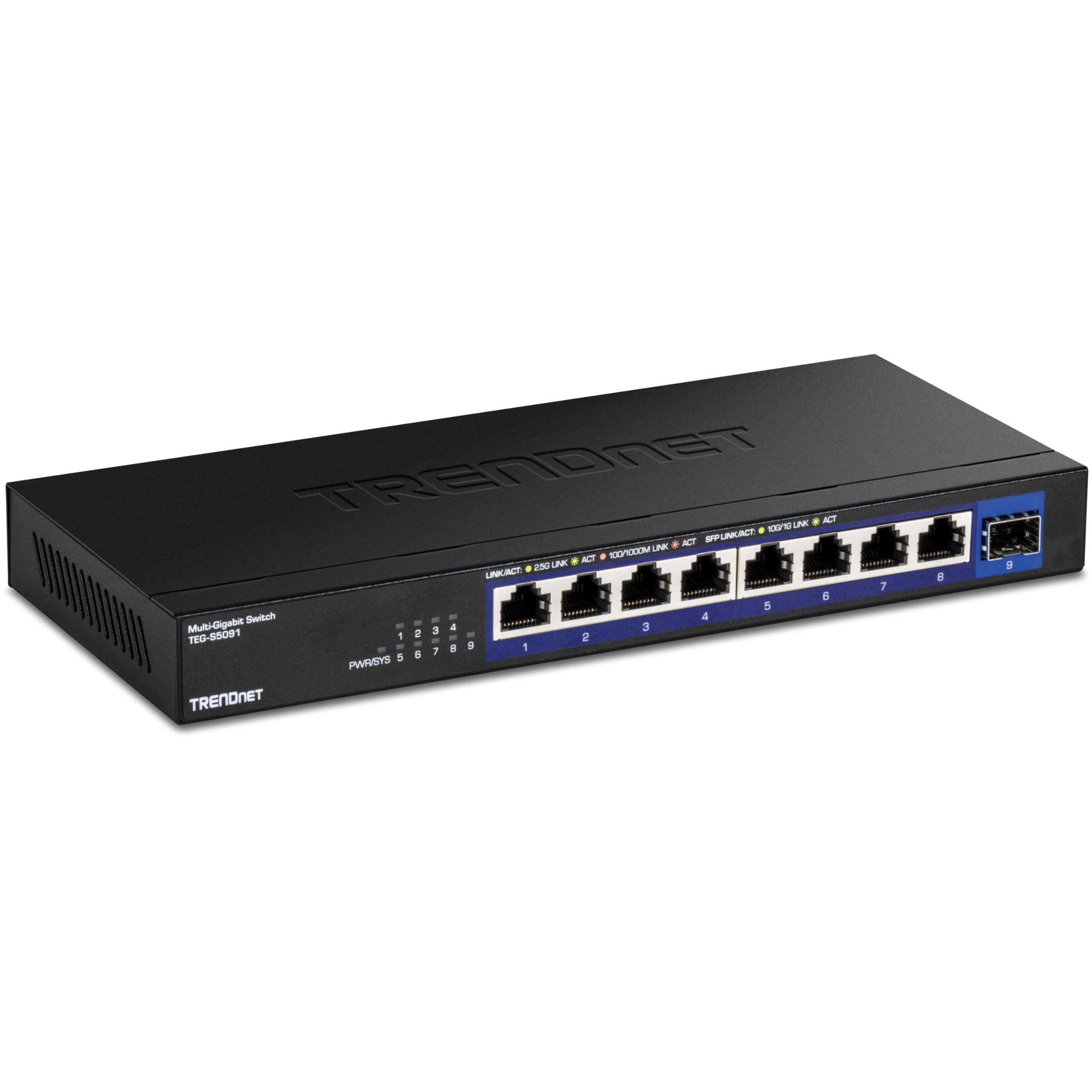 TRENDnet 9-Port Unmanaged 2.5G Switch with 10G SFP+ Port, TEG-S5091, 8 x 2.5GBASE-T Ports, 60Gbps, Wall Mountable, Ethernet Splitter, NDAA & TAA Compliant, Lifetime Protection, Black Image